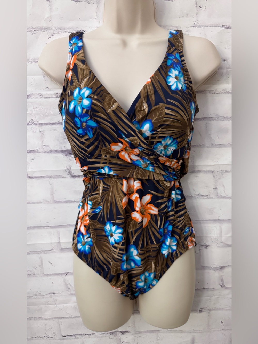 Lands' End 10 Slender Suit‎ Wrap One Piece Deep Sea Tropic Palm Floral Modest